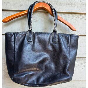 Lauren Ralph Lauren Black Leather Tote Whipstitch Handles Contrast Stitch